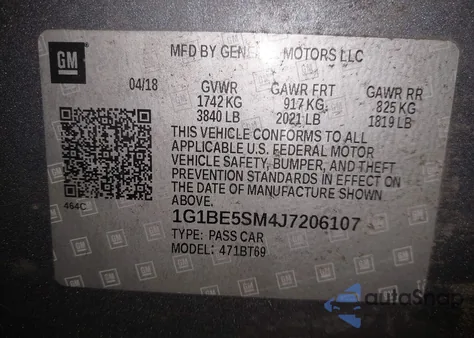 2018 Chevrolet Cruze Lt Auto z USA, uszkodzony, nr VIN 1G1BE5SM4J7206107